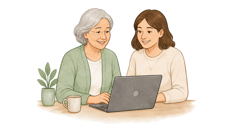 Zwei Frauen sehen gemeinsam auf einen Laptop.